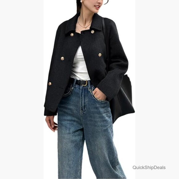 Cropped Wool Pea Coat Double Breasted Lapel Collar with Pockets